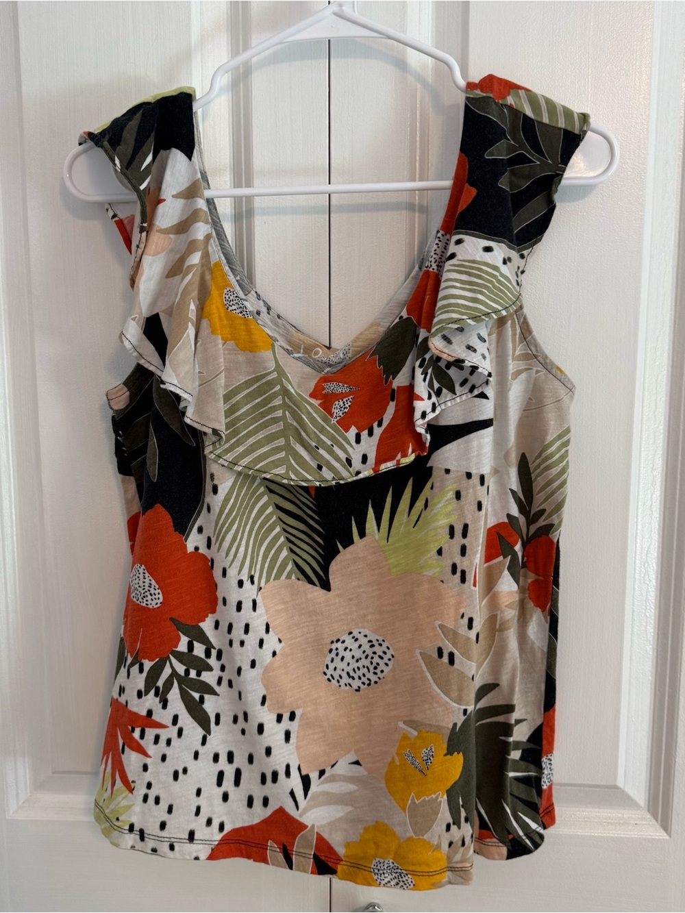 LOFT Floral Ruffle V-Neck Camisole - Red, Yellow, Green, Black, Cream